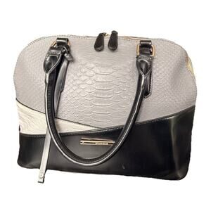 Brahmin Embossed Leather Satchel Bag Grey Black Gold Hardware Shoulder Strap